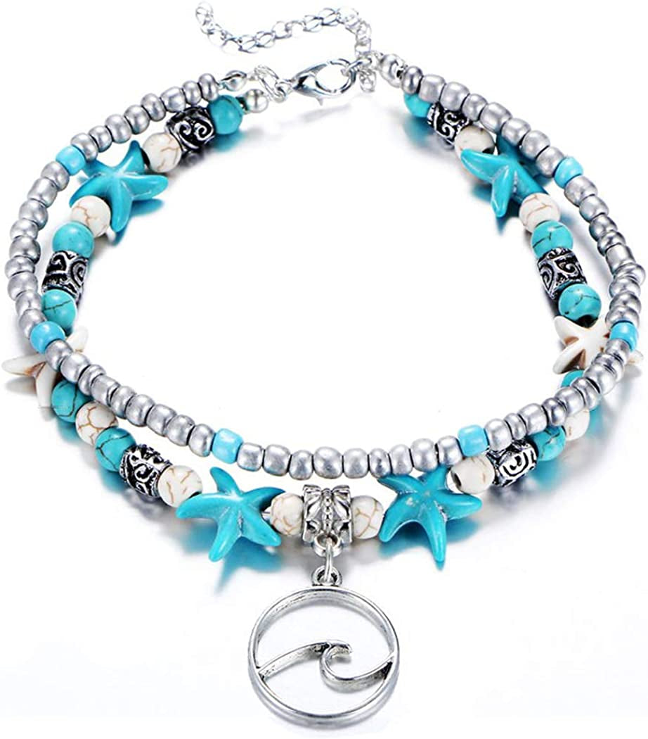 Starain Blue Turtle Anklets for Women Girls Multilayer Beads Handmade Beach Ankle Bracelet Set Boho Foot Jewelry Apparel & Accessories > Jewelry > Anklets Starain Single - Siler Wave