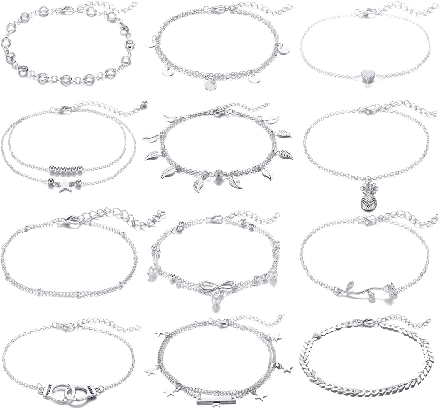 FUNEIA 12/16Pcs Anklets for Women Silver Gold Ankle Bracelets Set Boho Layered Beach Adjustable Chain Anklet Foot Jewelry Apparel & Accessories > Jewelry > Anklets Anlsen B:12Pcs Silver