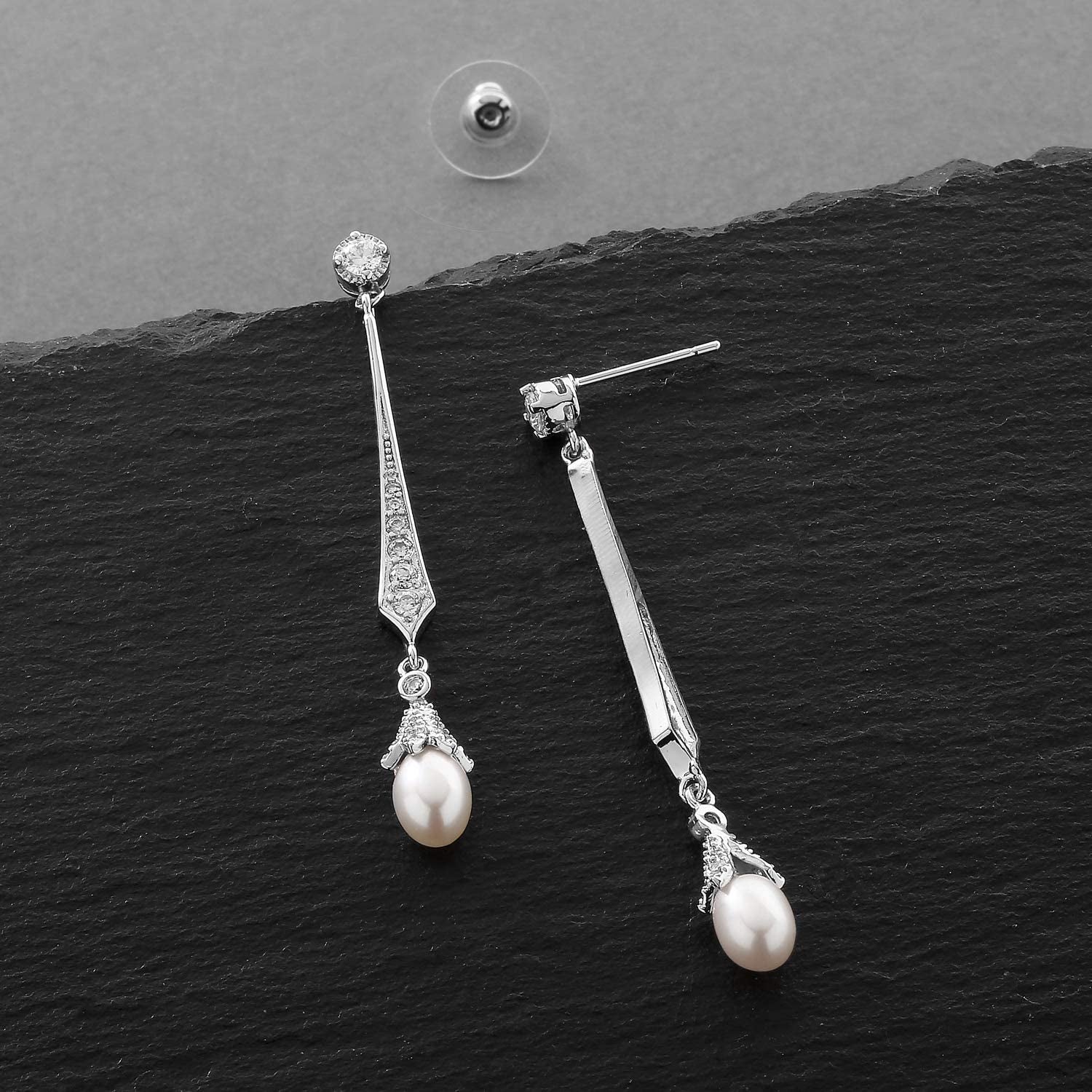 Mariell Slender Cubic Zirconia Vintage Dangle Earrings with Freshwater Pearl Drops for Brides or Weddings Apparel & Accessories > Jewelry > Earrings Mariell