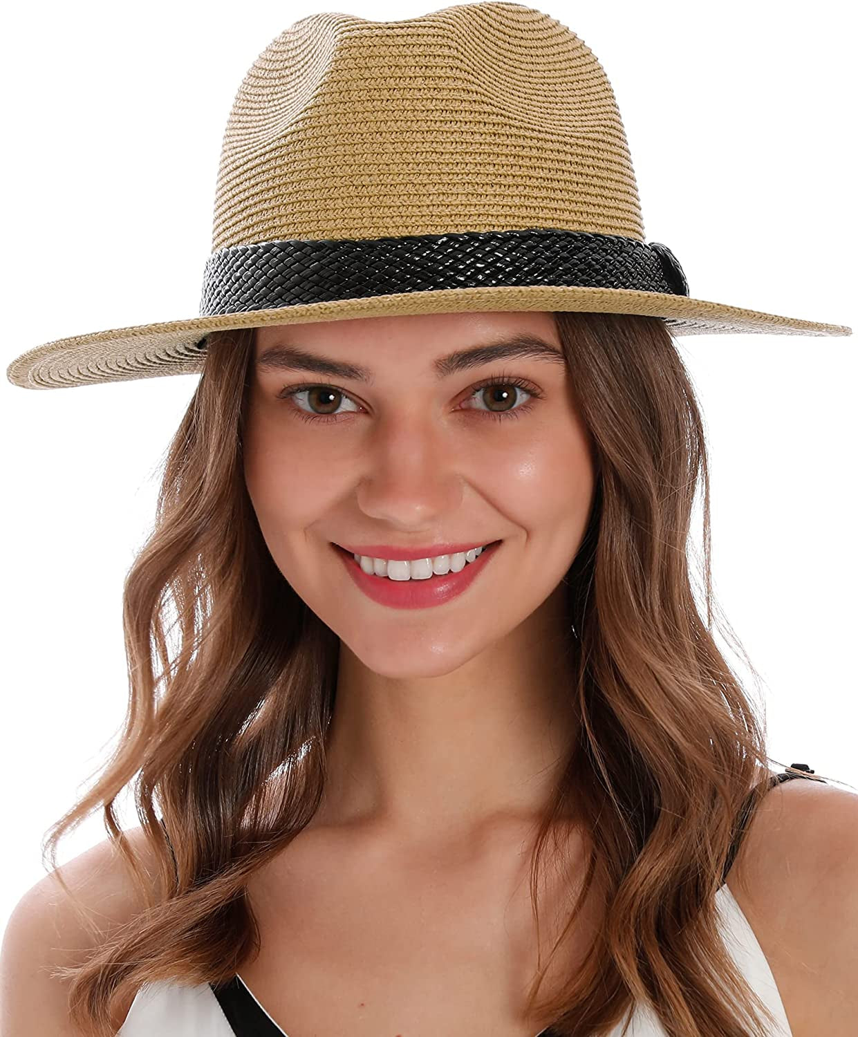Simplicity Mens Women'S Wide Brim Straw Panama Sun Hat Apparel & Accessories > Clothing Accessories > Hats Simplicity Light Brown/Black Belt