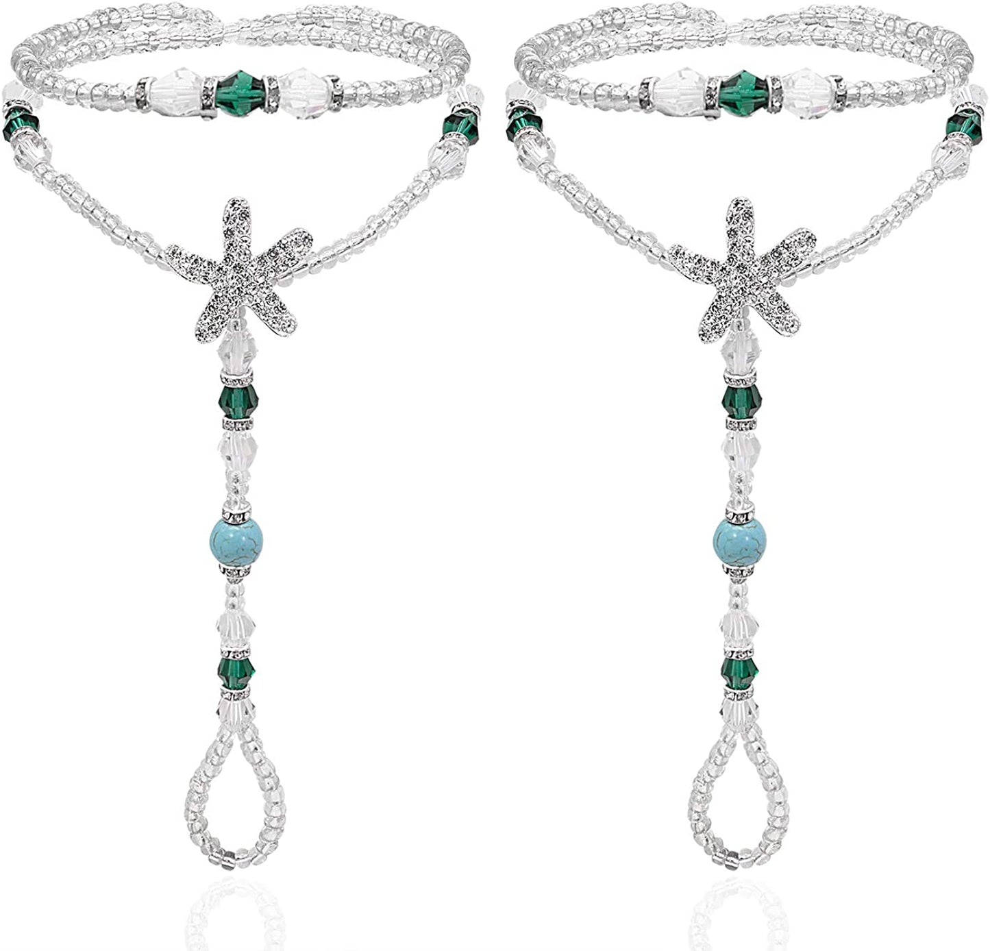 Bellady 2Pcs Pearl Ankle Chain Barefoot Sandals with Starfish Beach Wedding Foot Jewelry Apparel & Accessories > Jewelry > Anklets Bellady Blue