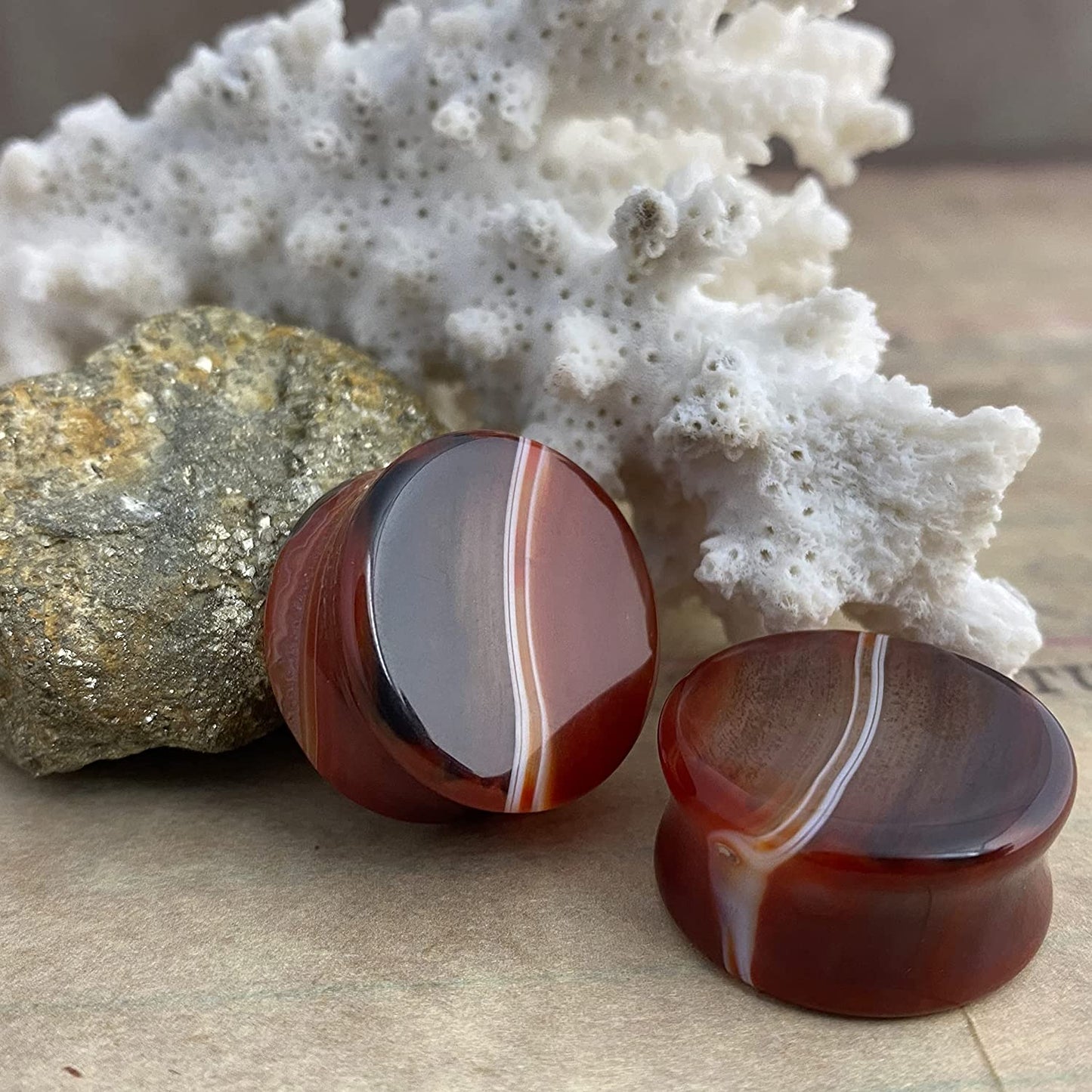 Pair of Red Line Agate Stone Double Flare Plugs (STN-696) Apparel & Accessories > Jewelry > Body Jewelry Generic