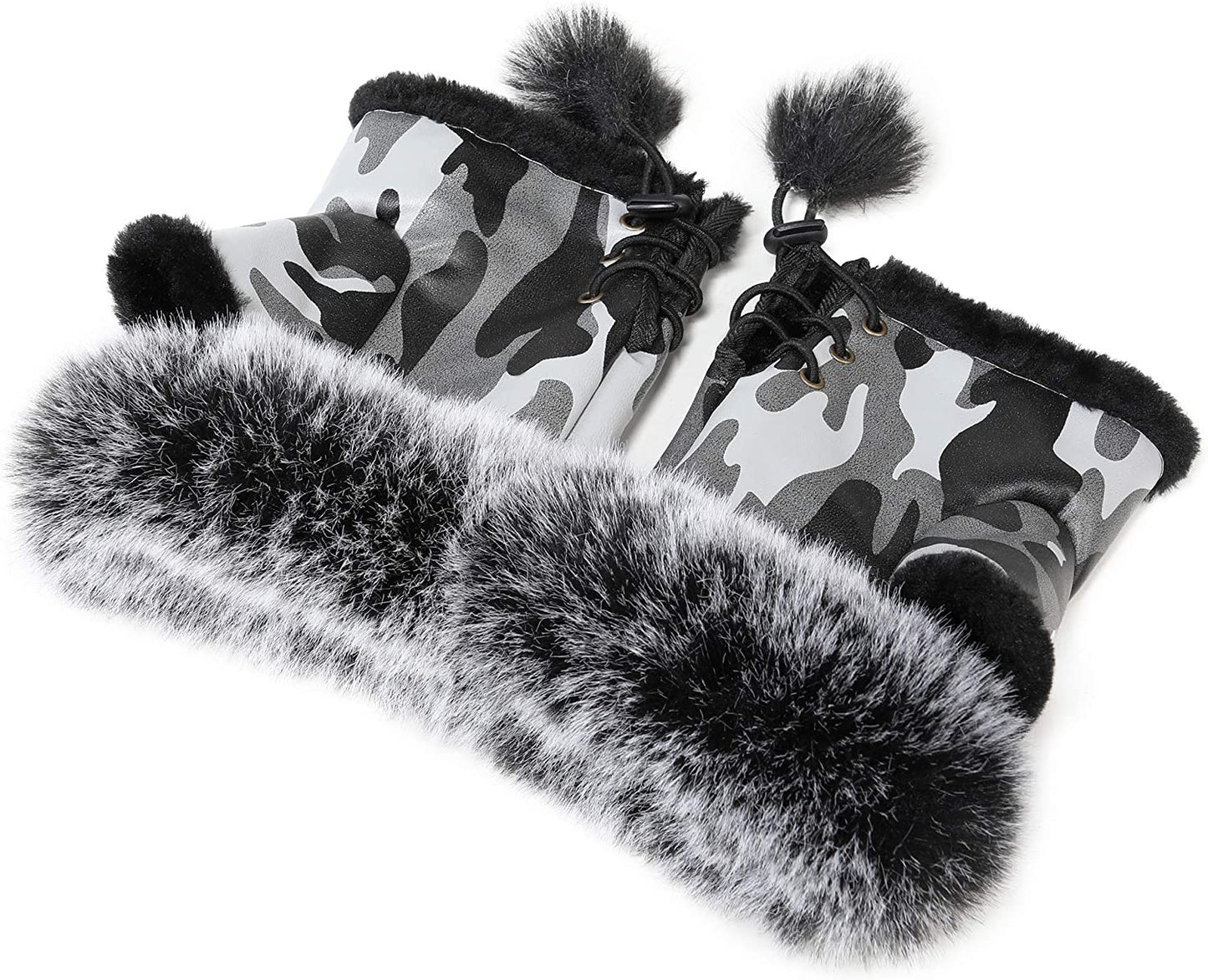 Winter Fingerless Gloves Cute Typing Gloves Fuzzy Furry Leather Mittens Faux Fur Lined Gloves Warm Hands Warmer Gloves Women Apparel & Accessories > Clothing Accessories > Gloves & Mittens Fur Story Camouflage1