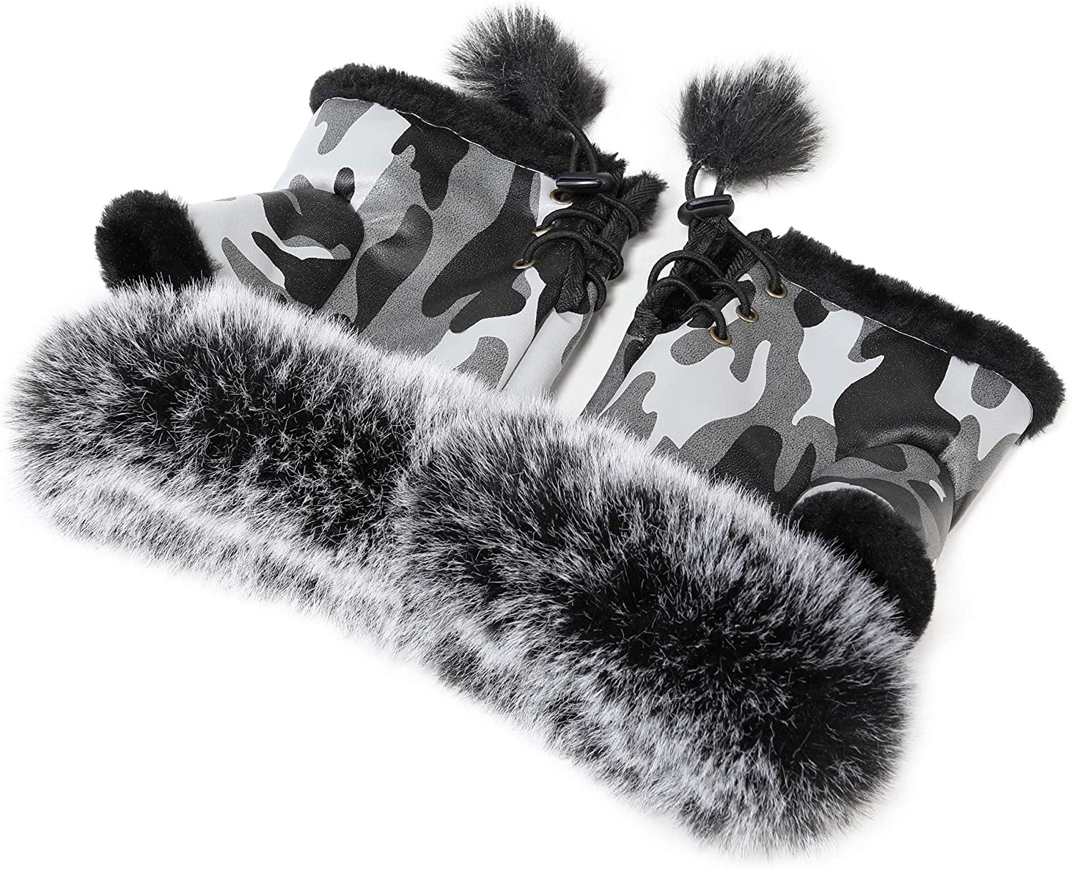 Winter Fingerless Gloves Cute Typing Gloves Fuzzy Furry Leather Mittens Faux Fur Lined Gloves Warm Hands Warmer Gloves Women Apparel & Accessories > Clothing Accessories > Gloves & Mittens Fur Story Camouflage1
