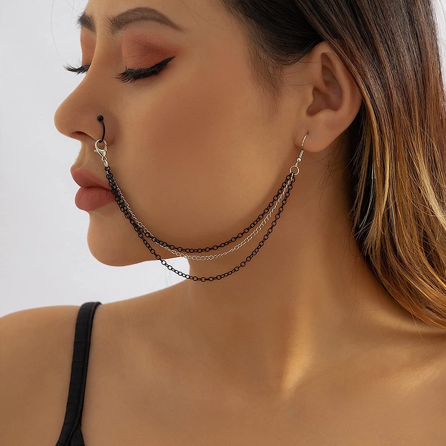 Sora Tuki Fake Septum Fake Nose Ring Non Piercing Body Jewelry Fake Nose Ring Piercing Nose Rings with Chain Nose to Ear Chain Tassel Apparel & Accessories > Jewelry > Body Jewelry Sora Tuki