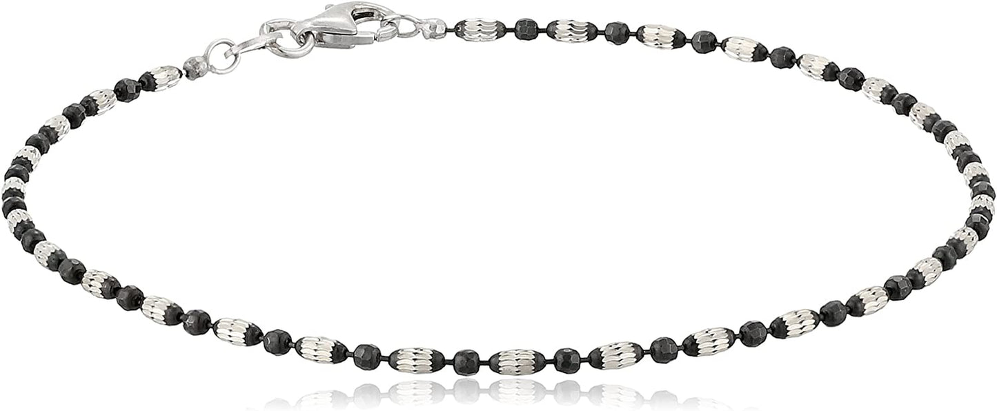Collection Italian Sterling Silver Rhodium Plated Diamond Cut Oval and round Beads Mezzaluna Chain Ankle Bracelet Apparel & Accessories > Jewelry > Anklets Media Imports Inc 10 Inches Black