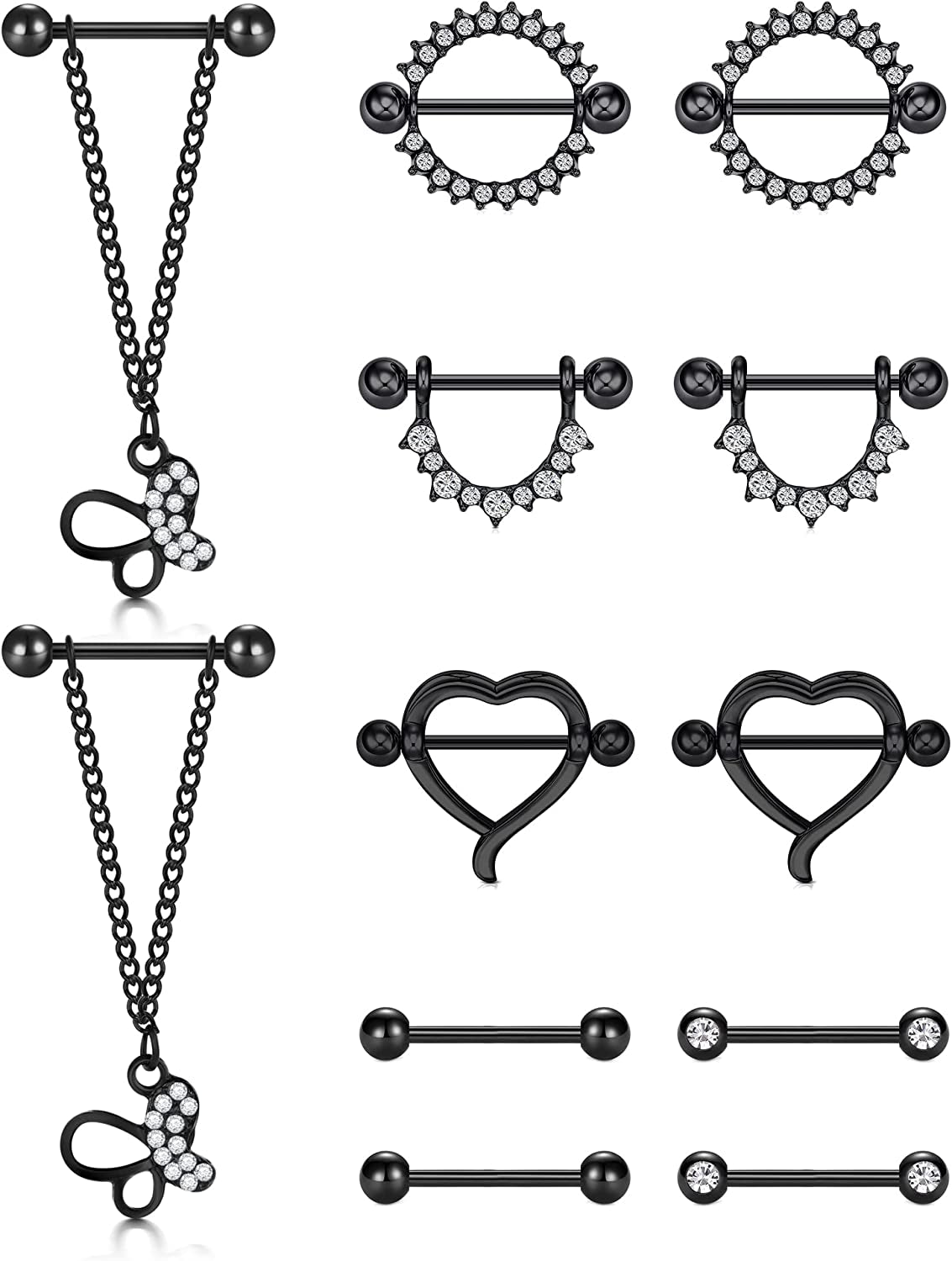 LAURITAMI Nipple Rings for Women Nipple Piercing Jewelry 14G Nipple Rings Surgical Steel Nipple Jewelry Straight Barbell Tongue Rings for Women CZ Nipplering Piercing Jewelry Set Apparel & Accessories > Jewelry > Body Jewelry LAURITAMI D -black