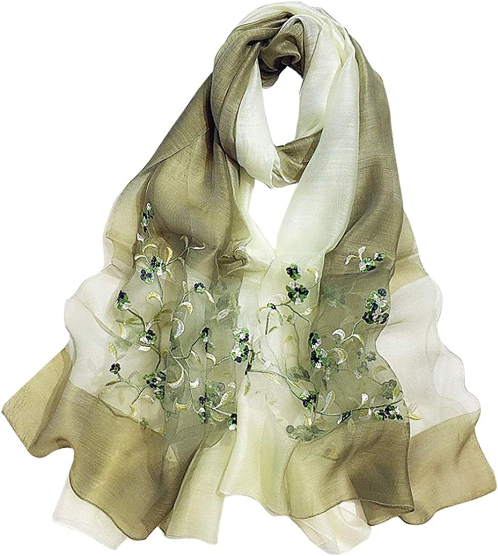 GOFINEE Women Silk&Wool Gradient Embroidered Scarf Headwrap Shawl Apparel & Accessories > Clothing Accessories > Scarves & Shawls GOFINEE Olive Green