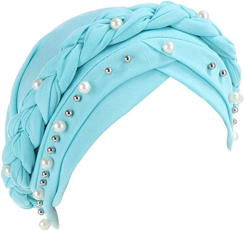 Fxhixiy Women Hijab Beading Pearl Braid Turban Hat Head Scarf Cancer Chemo Beanies Bandana Headwrap Cap Apparel & Accessories > Clothing Accessories > Headwear Fxhixiy Lake Blue