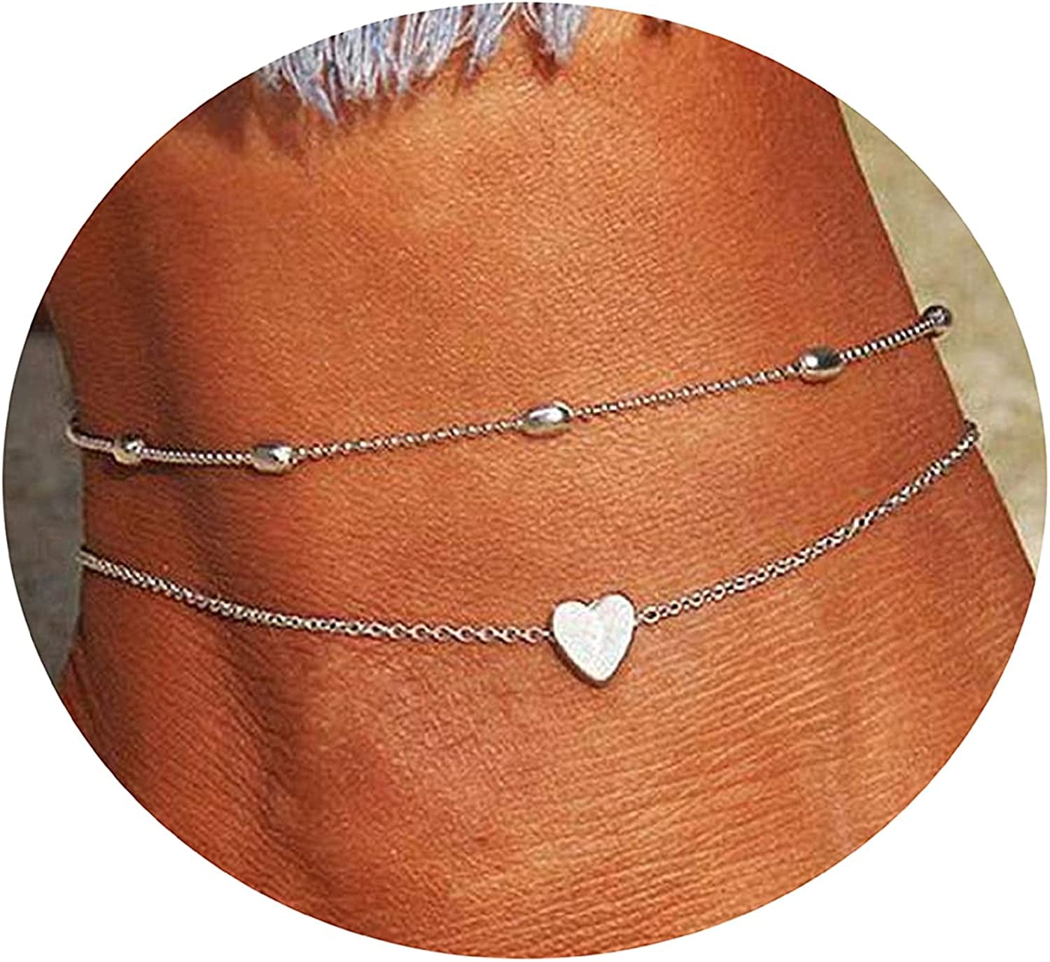 Pencros Dainty Layered Anklet,14K Gold Filled Cute Beads Satellite Chain Heart Boho Adjustable Anklets for Women Teen Girls Apparel & Accessories > Jewelry > Anklets Pencros heart-silver
