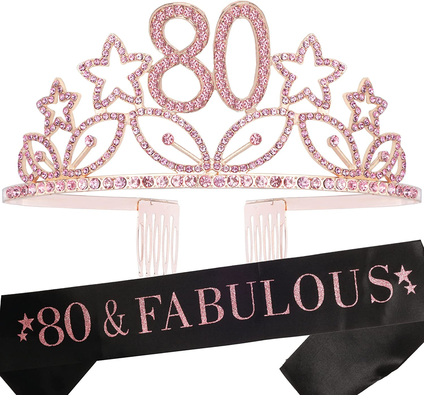 MEANT2TOBE 80Th Birthday Sash and Tiara for Women - Fabulous Glitter Sash + Stars Rhinestone Gold Premium Metal Tiara for Her, 80Th Birthday Gifts for 80 Celebration Apparel & Accessories > Clothing Accessories > Sashes MEANT2TOBE Pink