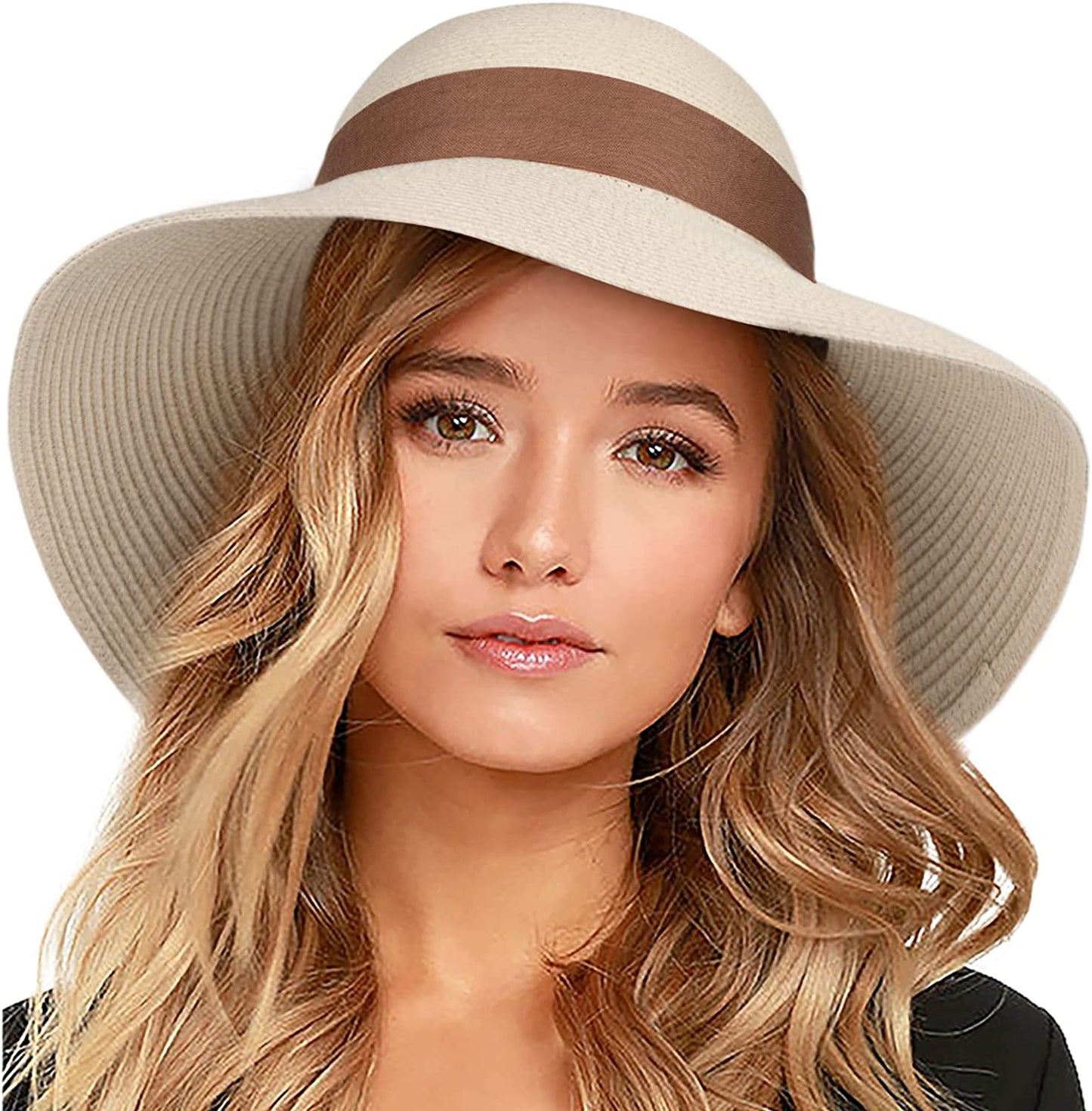 FURTALK Womens Beach Sun Straw Hat UV UPF50 Travel Foldable Brim Summer UV Hat Apparel & Accessories > Clothing Accessories > Hats KYLIE MAX Beige-red Brown Medium