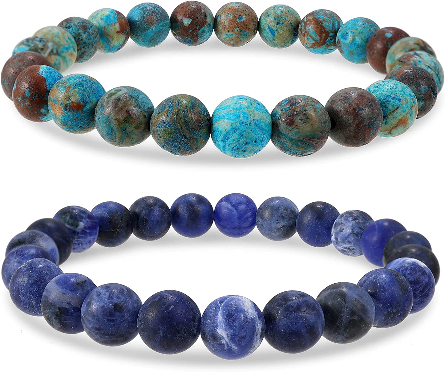 Bivei Natural Gem Semi Precious Reiki Healing Crystals Handmade 8Mm round Beads Stretch Bracelet Apparel & Accessories > Jewelry > Bracelets Bivei #2 PCS SET(Sodalite+Blue Lace Agate(Frosted))