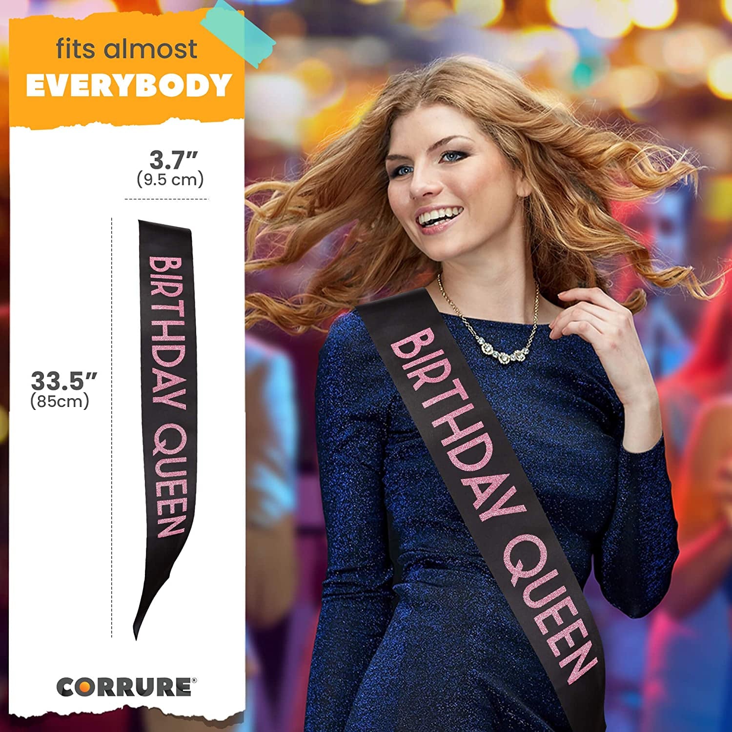 CORRURE 'Birthday Queen' Sash with Pink Glitter - Soft Satin Black Sash for Women - Happy Birthday Sash for Girls, Sweet 16, 18Th 21St 25Th 30Th 40Th 50Th or Any Other Bday Party Apparel & Accessories > Clothing Accessories > Sashes CORRURE