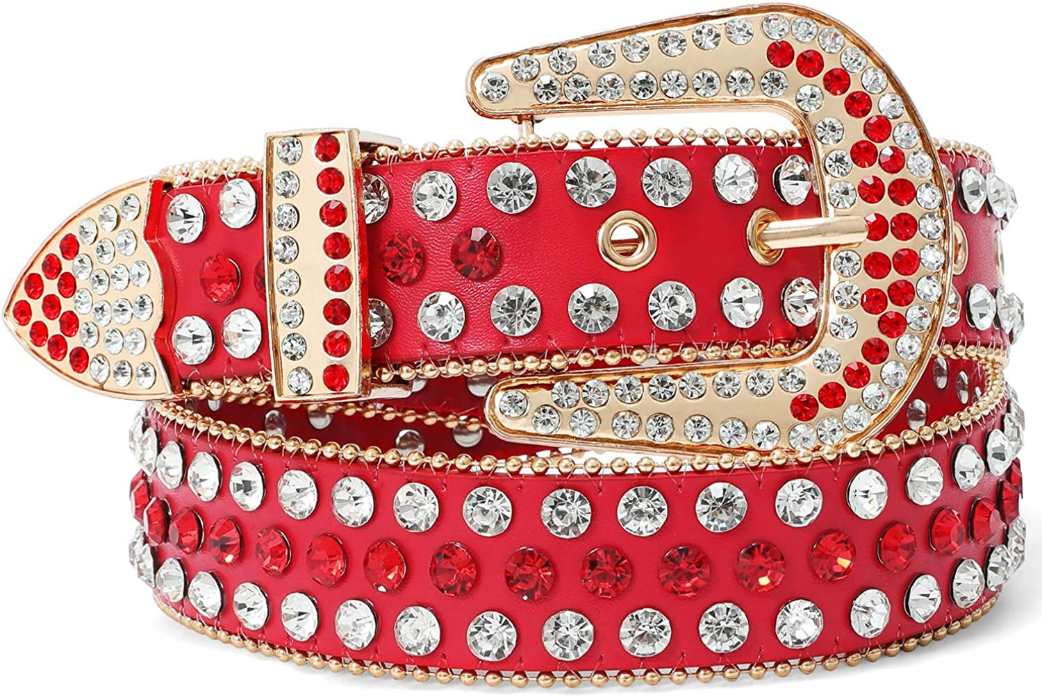 Rhinestone Belt for Men Women SUOSDEY Western Cowboy Cowgirl Bling Studded Leather Belt for Jeans Pants Apparel & Accessories > Clothing Accessories > Belts SUOSDEY 09-red (Golden Buckle) L: fits pants size 38”-42”