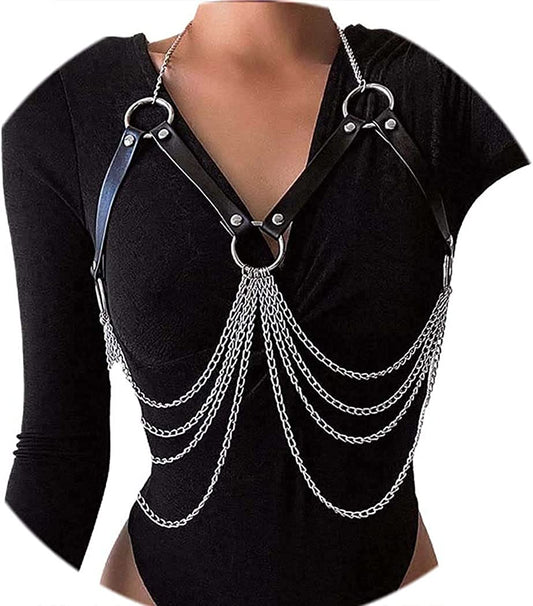 Reetan Punk Layered Chest Chains Silver Leather Body Chains Ring Rave Party Nightclub Body Jewelry Accessories for Women and Girls Apparel & Accessories > Jewelry > Body Jewelry Reetan
