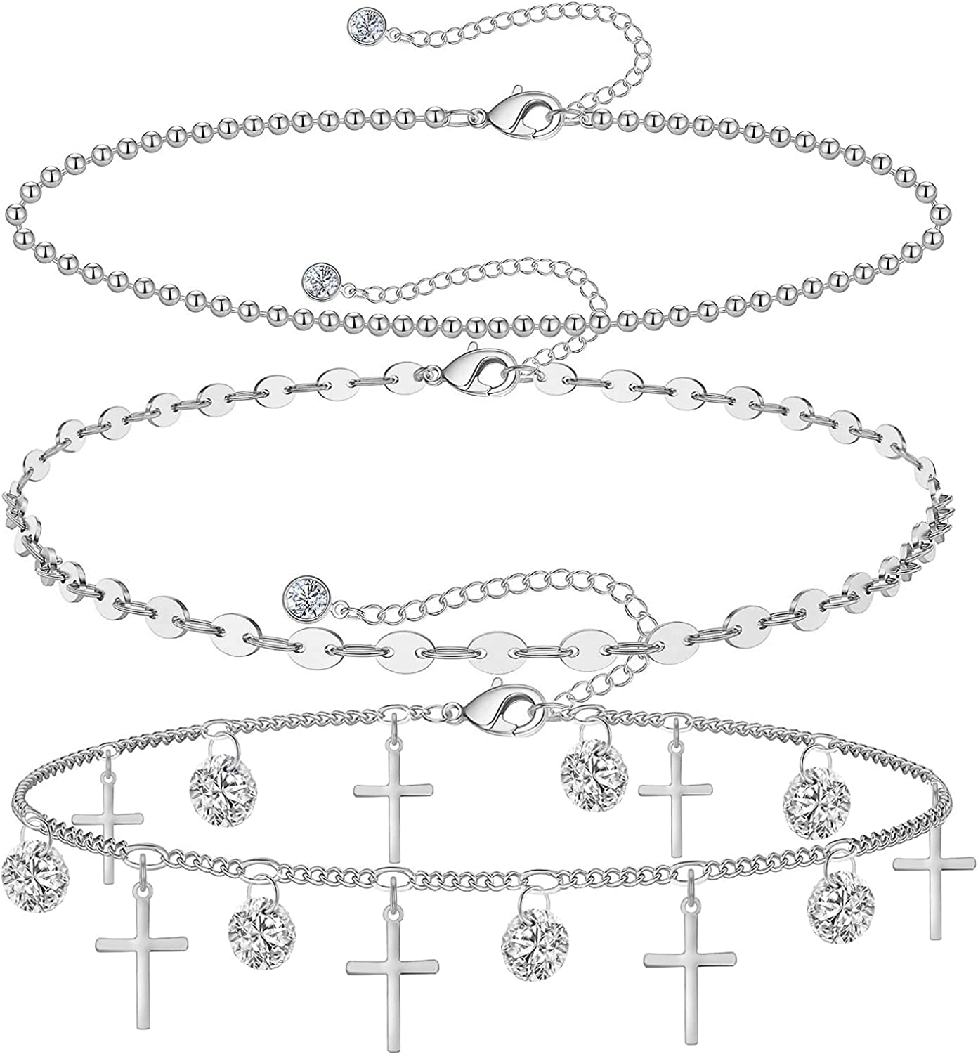 Gold Ankle Bracelets for Women 14K Gold Plated Anklet Silver Tennis Rose Quartz Cross Bead Herringbone Snake Paperclip Chain Cubic Zirconia Dainty Layered Anklet Set 3Pcs Apparel & Accessories > Jewelry > Anklets WeSparking K-White Gold-Cross