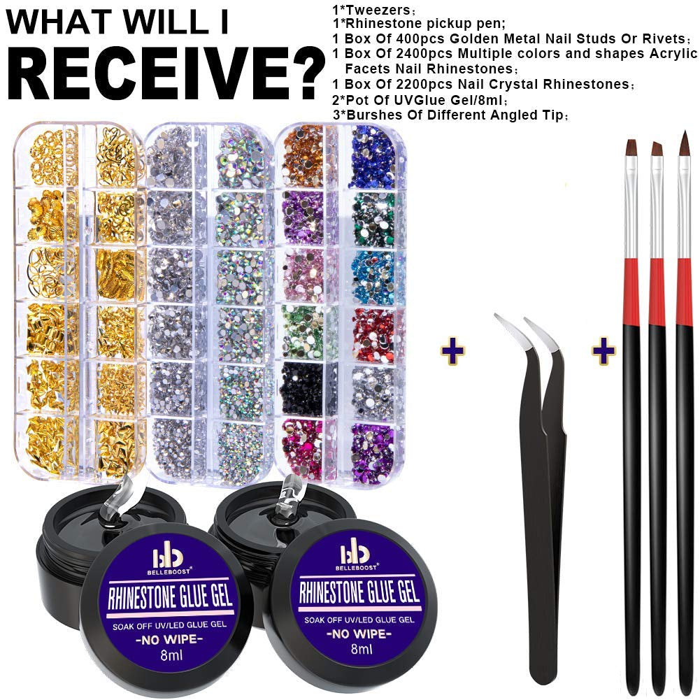 Nail Art 8MlĂ—2 NO WIPE Rhinestone Glue Gel Kit(Led Light Cure Needed) Adhesive Resin Gem Stone Jewelry Beads Diamond Gel Nail Polish Clear Decoration with Nail Rhinestones(Crystal+Acrylic+Rivet)+Tools Health & Beauty > Personal Care > Cosmetics > Cosmetic Tools > Nail Tools BELLEBOOST