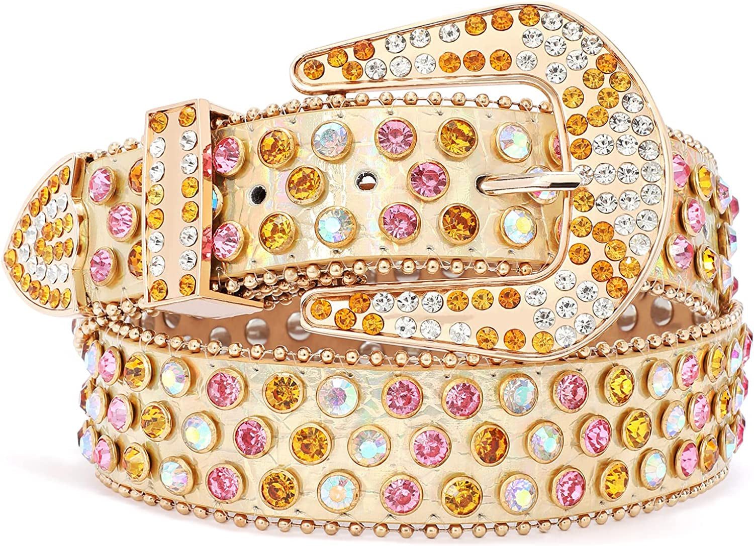 Rhinestone Belt for Men Women SUOSDEY Western Cowboy Cowgirl Bling Studded Leather Belt for Jeans Pants Apparel & Accessories > Clothing Accessories > Belts SUOSDEY 10-golden S: fits pants size 28”-32”