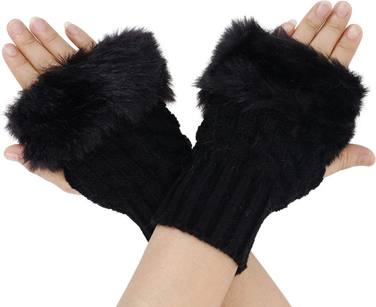 Simplicity Women'S Winter Faux Fur Knit Fingerless Hand Warmer Mitten Gloves Apparel & Accessories > Clothing Accessories > Gloves & Mittens Simplicity Black