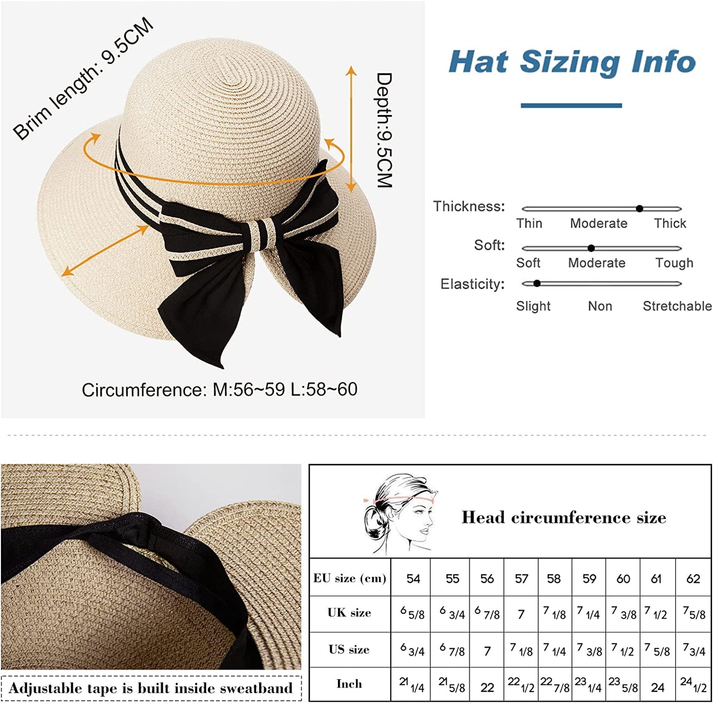 Comhats Womens Floppy Summer Sun Beach Straw Hat UPF50 Foldable Wide Brim 55-60Cm Apparel & Accessories > Clothing Accessories > Hats Comhats