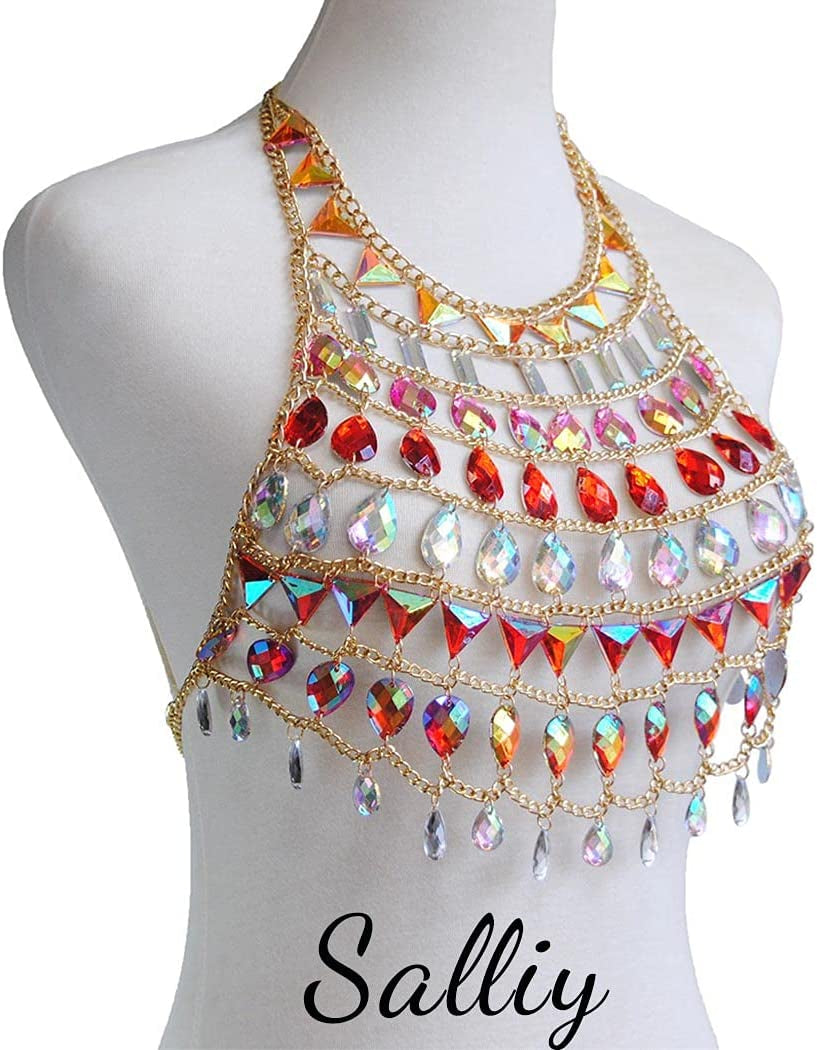 Salliy Boho Body Chain Bra Gold Sexy Rhinestone Bikini Bra Body Halter Backless Sequins Chain Bra Beach Body Accessories Jewelry for Women and Girls (Red) Apparel & Accessories > Jewelry > Body Jewelry Salliy