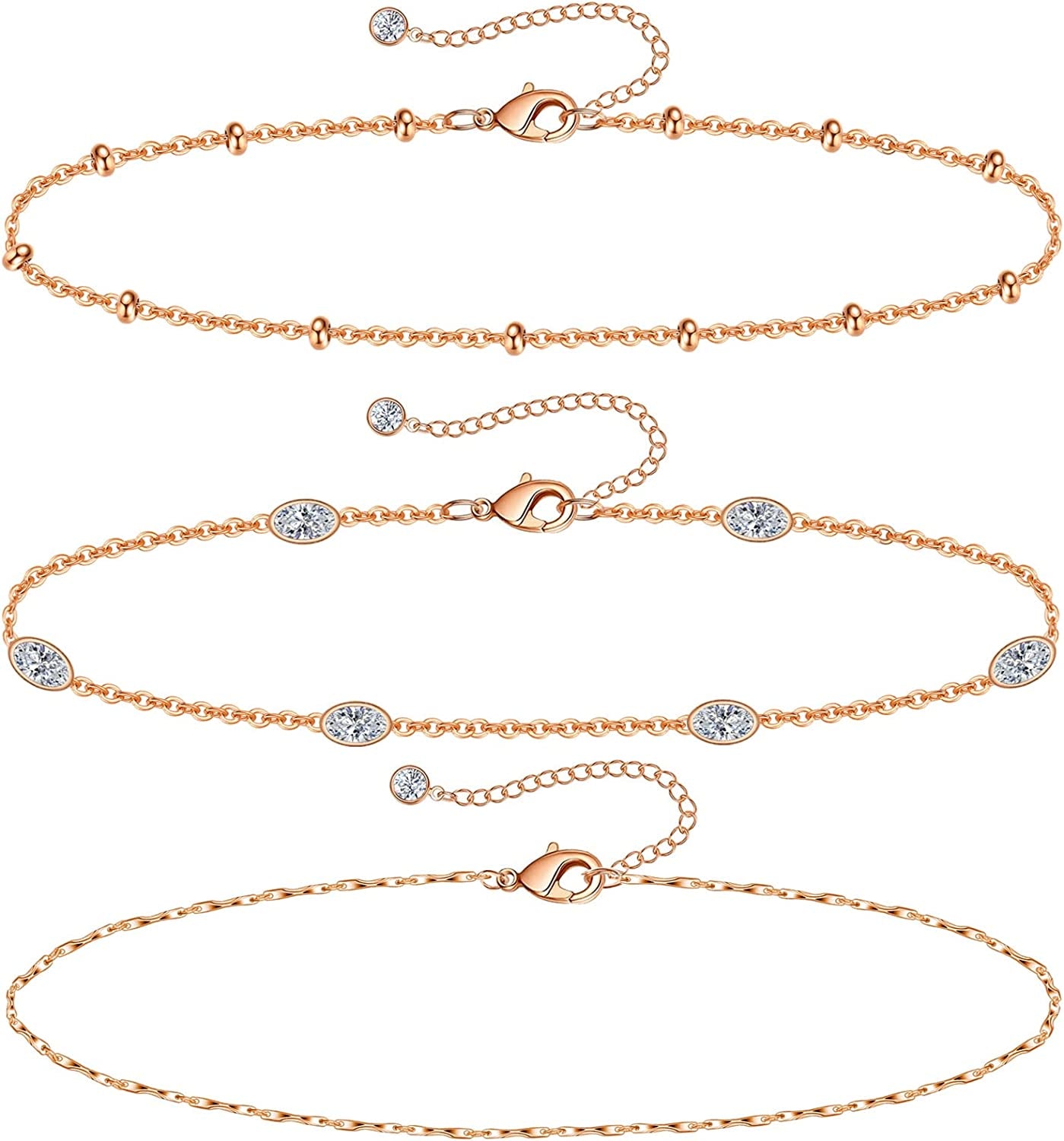 Gold Ankle Bracelets for Women 14K Gold Plated Anklet Silver Rose Gold Evil Eye Tennis Crystal Cubic Zirconia Faux Diamond Rhinestone Anklet Dainty Layered Anklet Set 3Pcs Apparel & Accessories > Jewelry > Anklets Vermeyen I-Rose Gold-CZ
