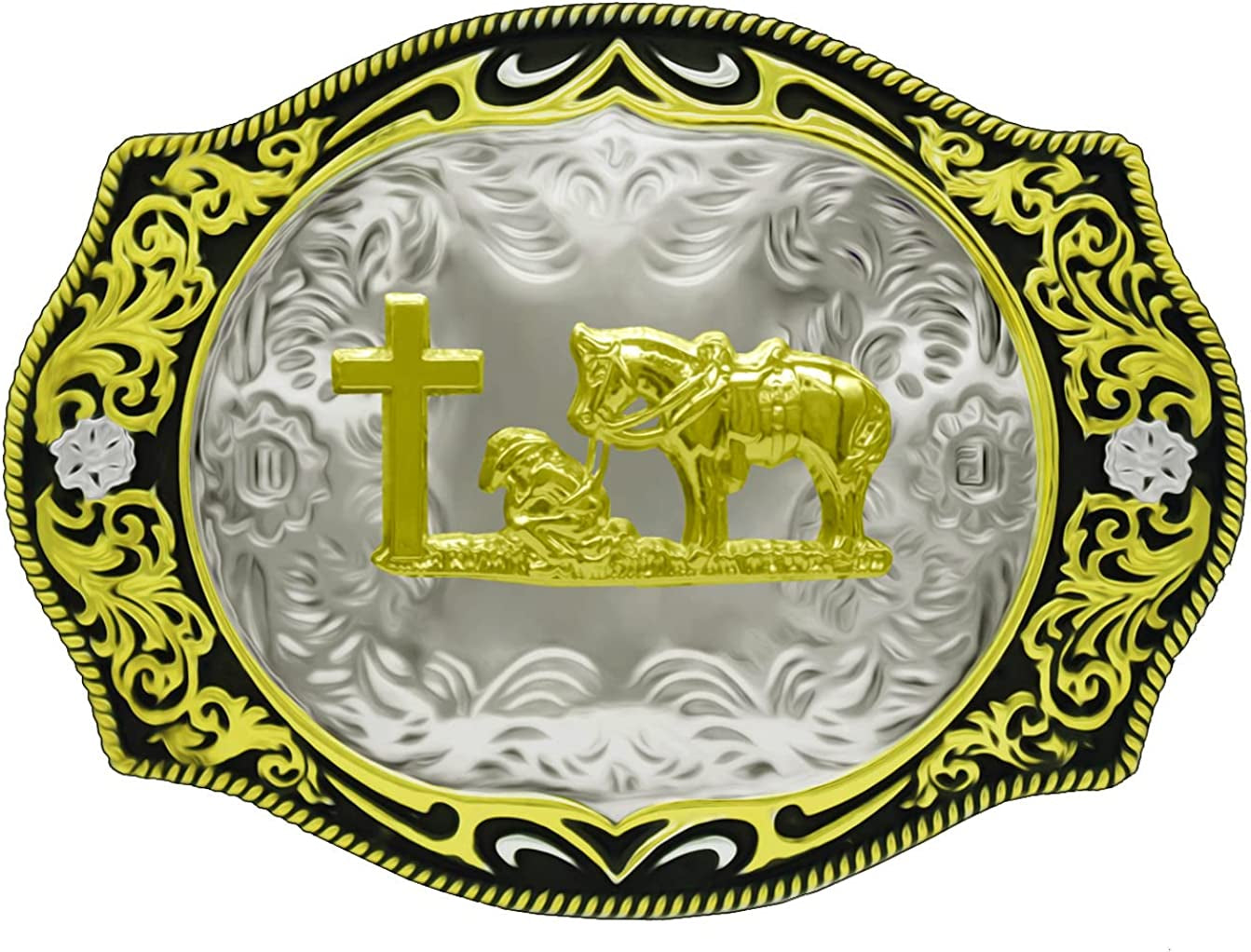 Moranse Religion Cross Cowboy Kneeling Prayer and Horse Design Belt Buckles Apparel & Accessories > Clothing Accessories > Belt Buckles Moranse Pattern Goldren 2