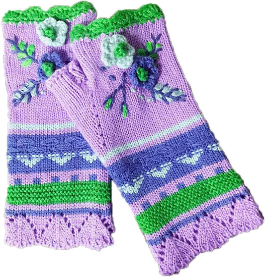 Vintage Multicolor Knitted Gloves with Floral Fingerless Gloves Knit Gloves for Girls Women Warm Hand Warmers Apparel & Accessories > Clothing Accessories > Gloves & Mittens Honey Peach B2-green Free