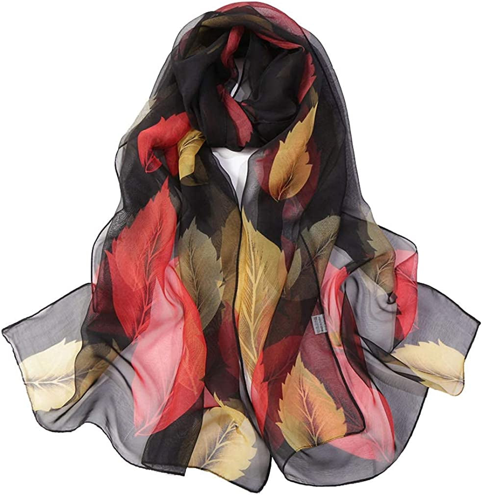 E-Clover Women Soft Floral Print Shawl Chiffon Sheer Scarf Apparel & Accessories > Clothing Accessories > Scarves & Shawls E-Clover Black Leaf