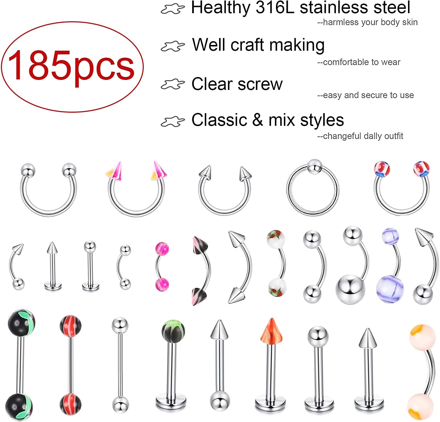 Ubjuliwa 148Pcs - 185Pcs Body Piercing Jewelry for All Piercings, Tongue Nipple Rings Eyebrow Lip Belly Button Barbell Nose Piercing Tragus Navel Body Jewelry for Women Piercings 14G-18G Apparel & Accessories > Jewelry > Body Jewelry Ubjuliwa