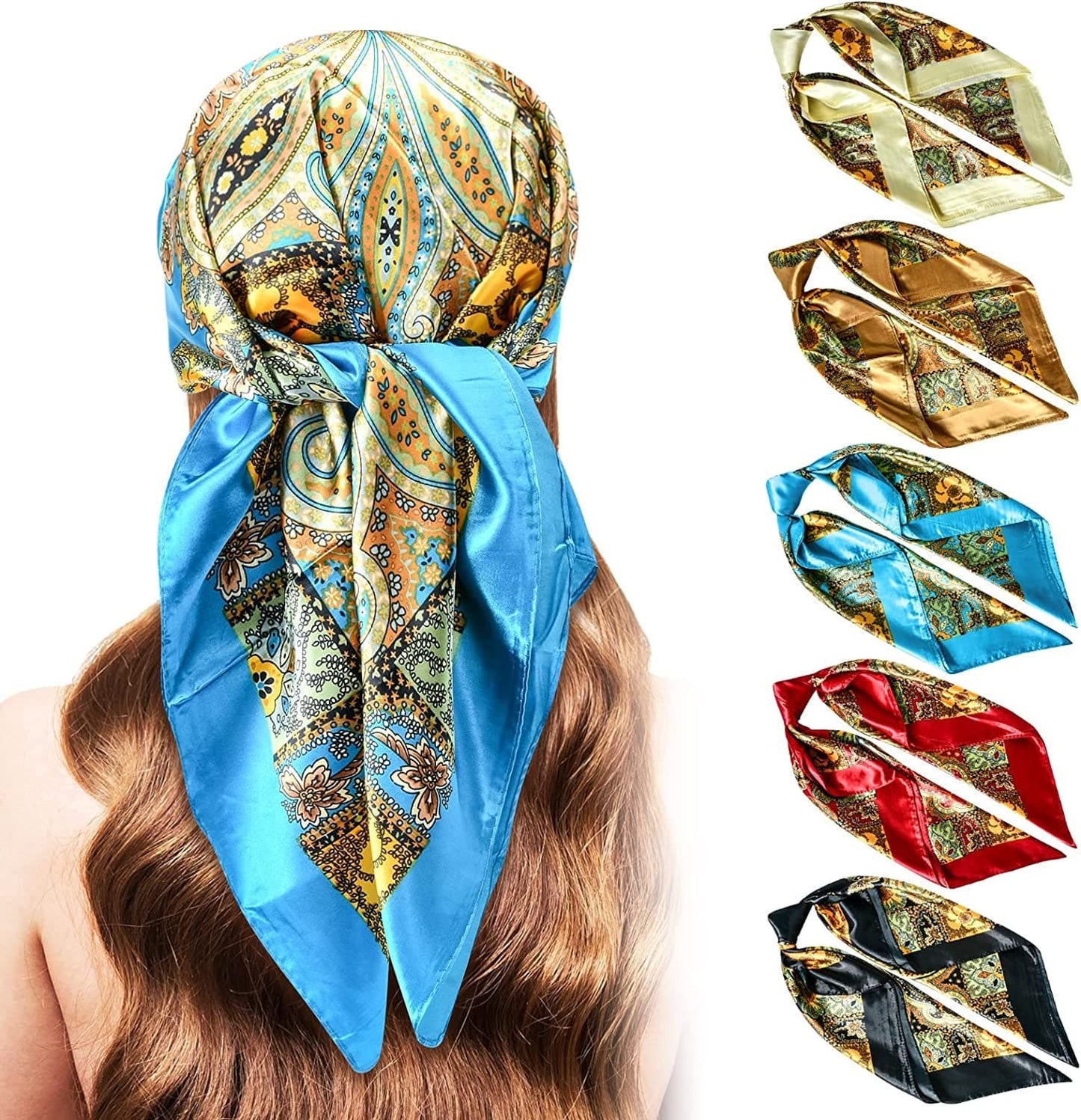 5PCS Large Satin Head Scarves - Silk Square like Neck Scarf Hair Wraps Headscarf for Sleeping Head Scarf Bundle 35 Inch Apparel & Accessories > Clothing Accessories > Bandanas & Headties Stlvoll Beige + Gold + Blue + Red + Black