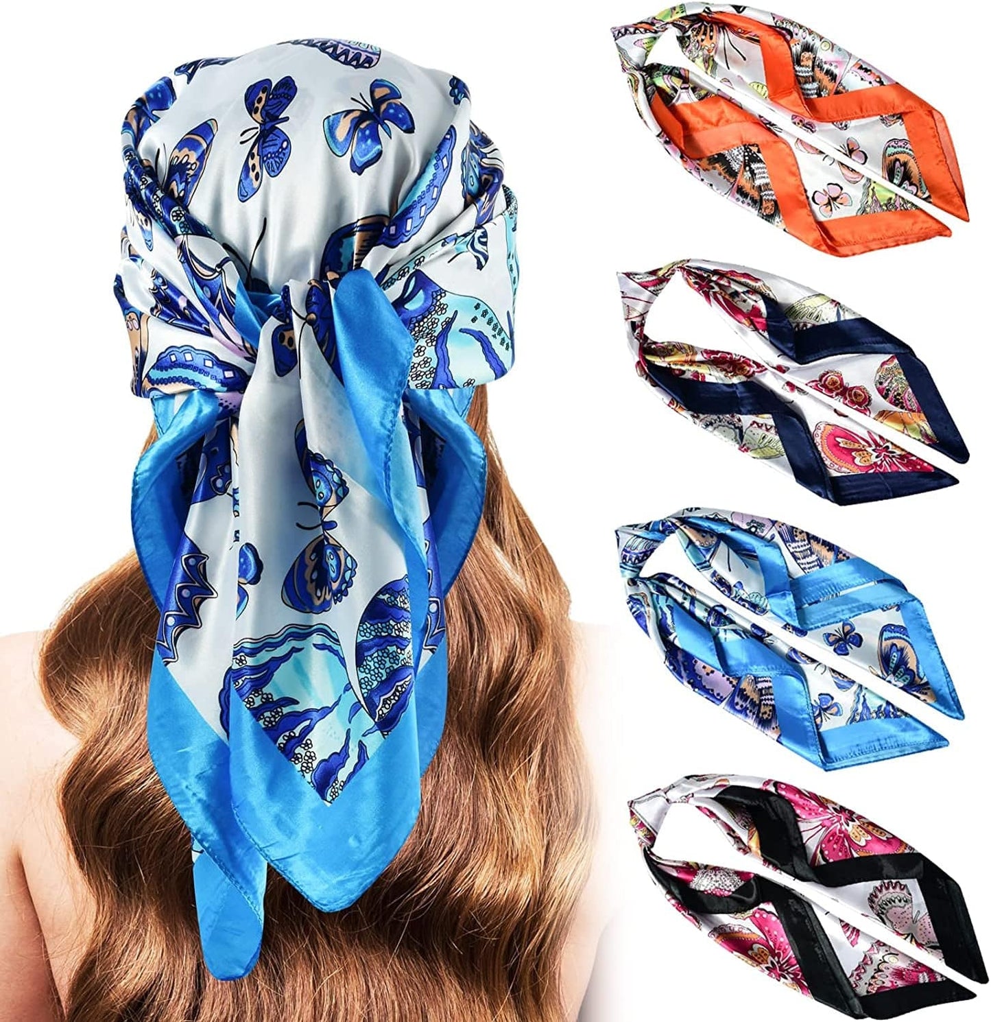 5PCS Large Satin Head Scarves - Silk Square like Neck Scarf Hair Wraps Headscarf for Sleeping Head Scarf Bundle 35 Inch Apparel & Accessories > Clothing Accessories > Bandanas & Headties Stlvoll Butterfly (Navy Blue+blue+red+black)