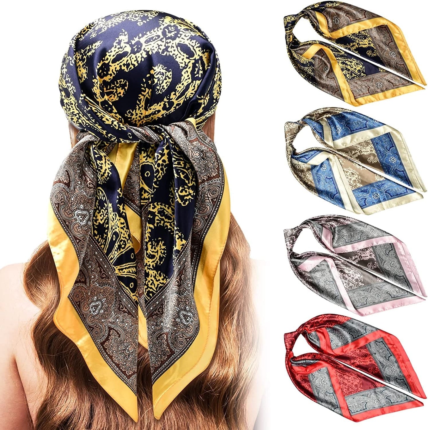 5PCS Large Satin Head Scarves - Silk Square like Neck Scarf Hair Wraps Headscarf for Sleeping Head Scarf Bundle 35 Inch Apparel & Accessories > Clothing Accessories > Bandanas & Headties Stlvoll Cashew(navy+grey+red+purple)