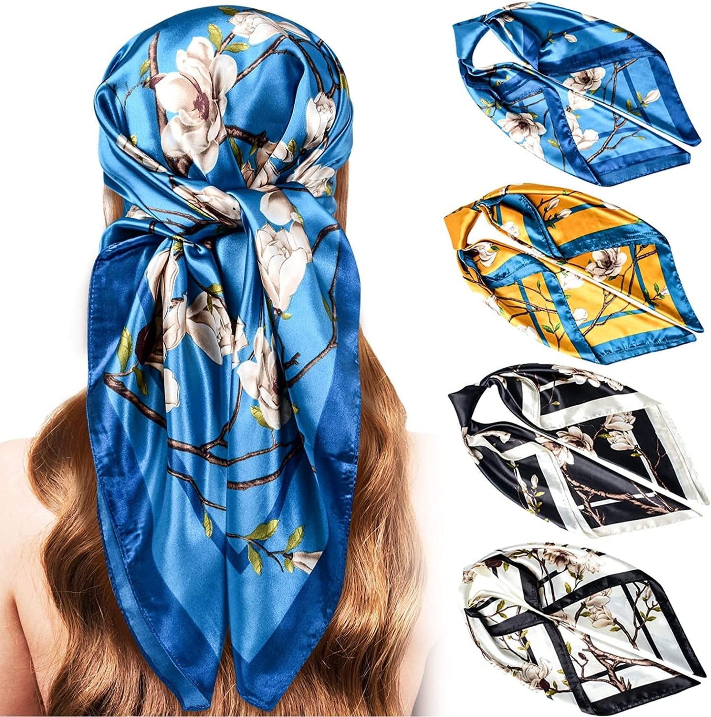 5PCS Large Satin Head Scarves - Silk Square like Neck Scarf Hair Wraps Headscarf for Sleeping Head Scarf Bundle 35 Inch Apparel & Accessories > Clothing Accessories > Bandanas & Headties Stlvoll Yellow+blue+black+white
