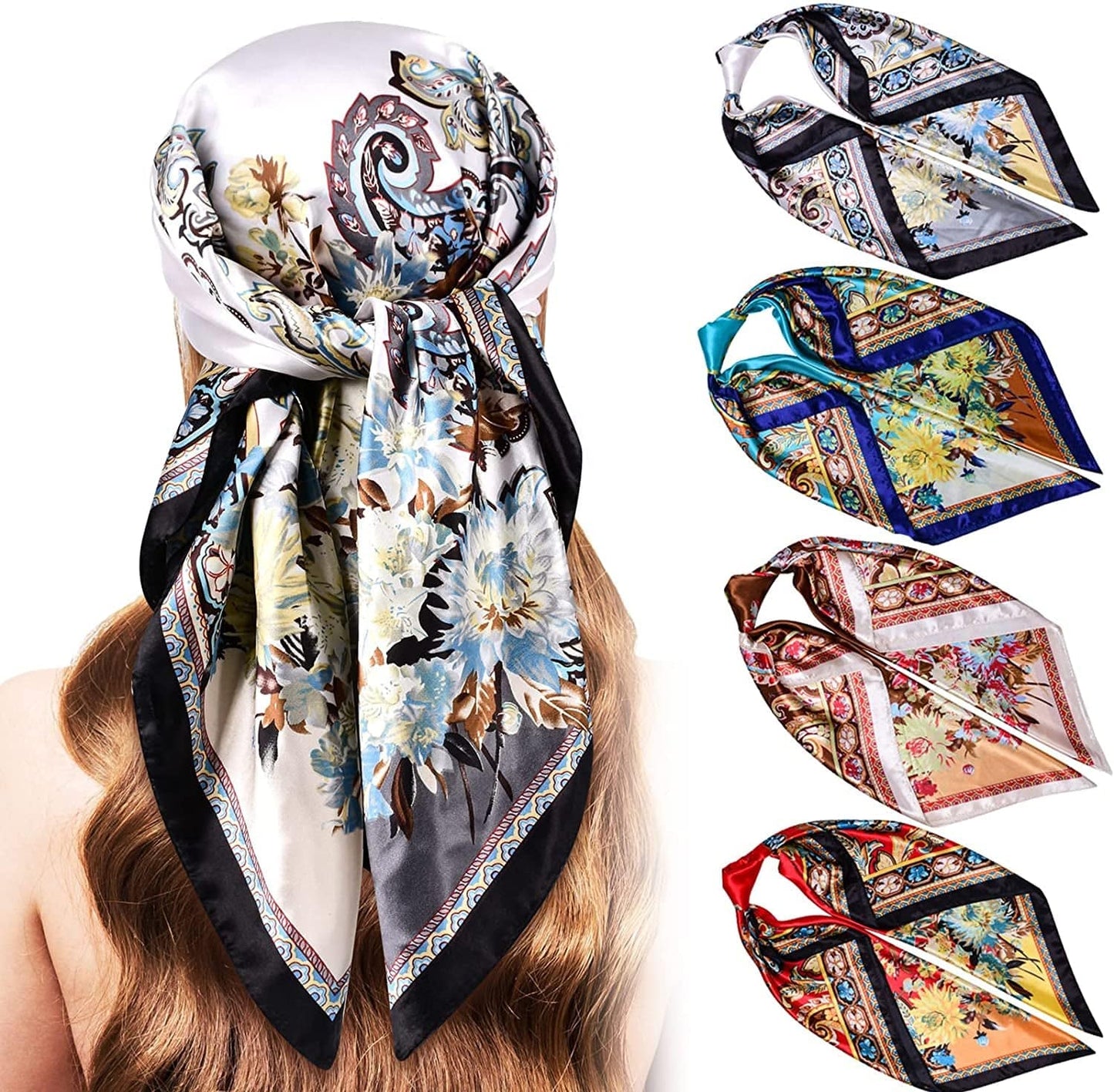5PCS Large Satin Head Scarves - Silk Square like Neck Scarf Hair Wraps Headscarf for Sleeping Head Scarf Bundle 35 Inch Apparel & Accessories > Clothing Accessories > Bandanas & Headties Stlvoll Coffee+red+beige+cyan