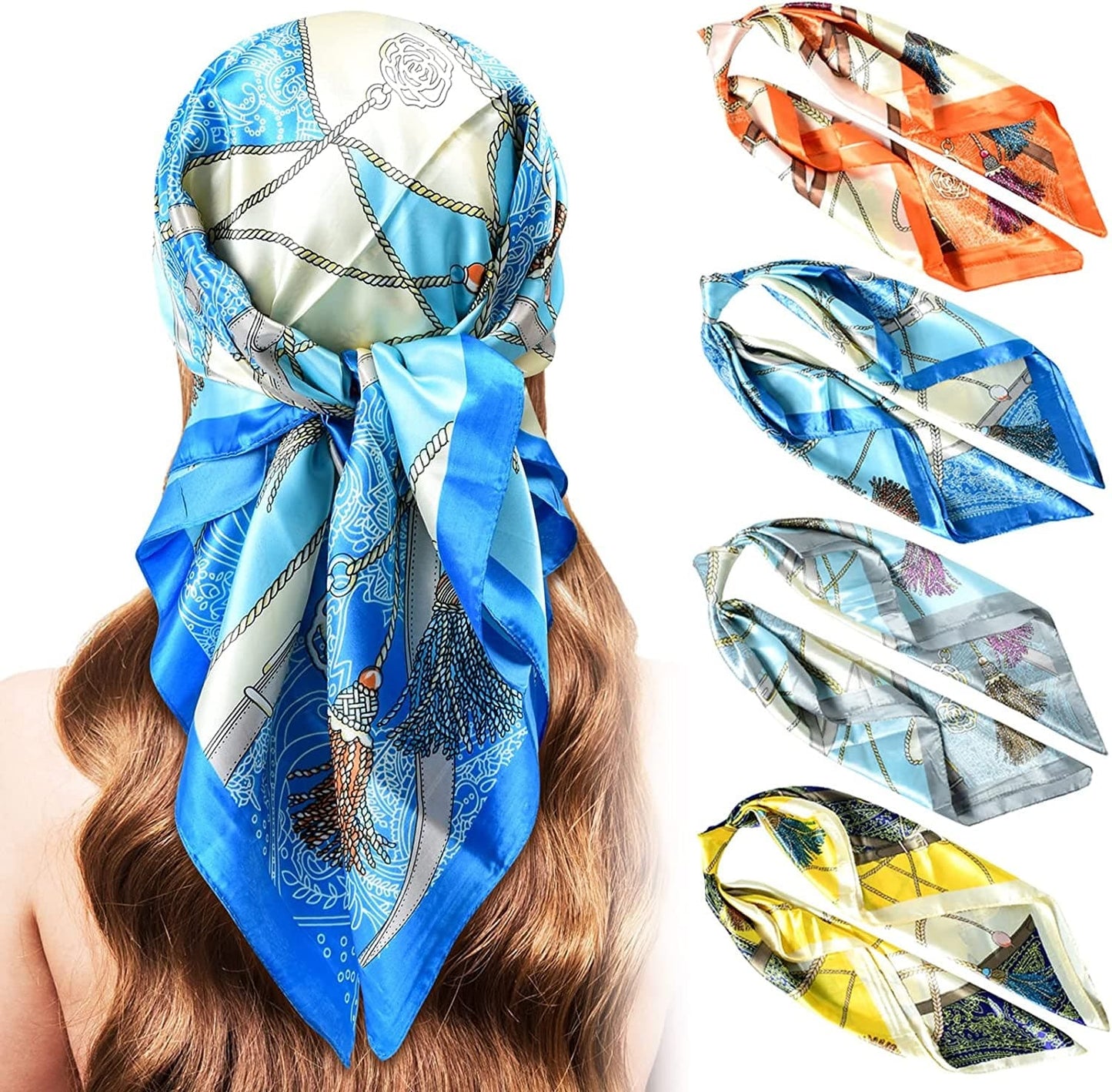 5PCS Large Satin Head Scarves - Silk Square like Neck Scarf Hair Wraps Headscarf for Sleeping Head Scarf Bundle 35 Inch Apparel & Accessories > Clothing Accessories > Bandanas & Headties Stlvoll Yellow+orange+cyan+blue