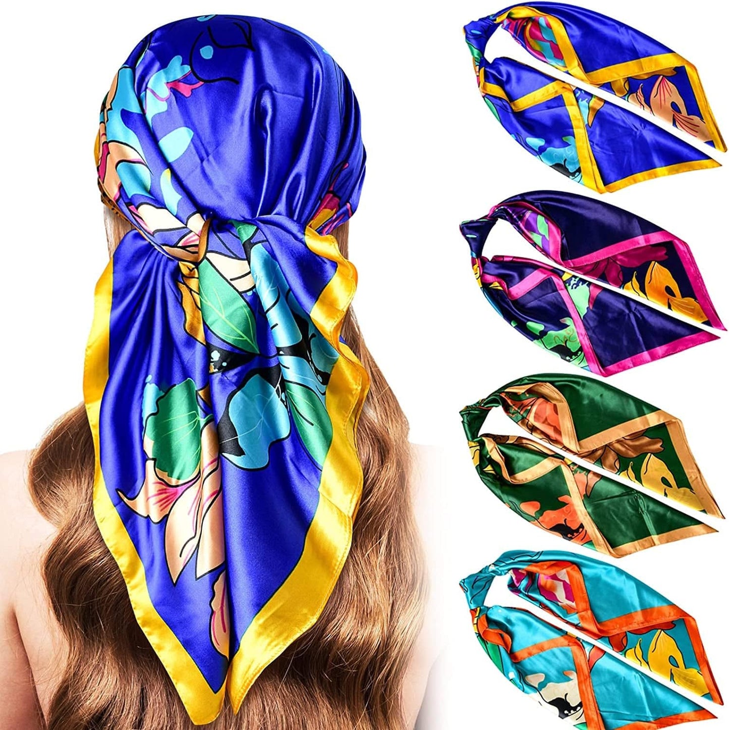 5PCS Large Satin Head Scarves - Silk Square like Neck Scarf Hair Wraps Headscarf for Sleeping Head Scarf Bundle 35 Inch Apparel & Accessories > Clothing Accessories > Bandanas & Headties Stlvoll Blue+black+green+cyan