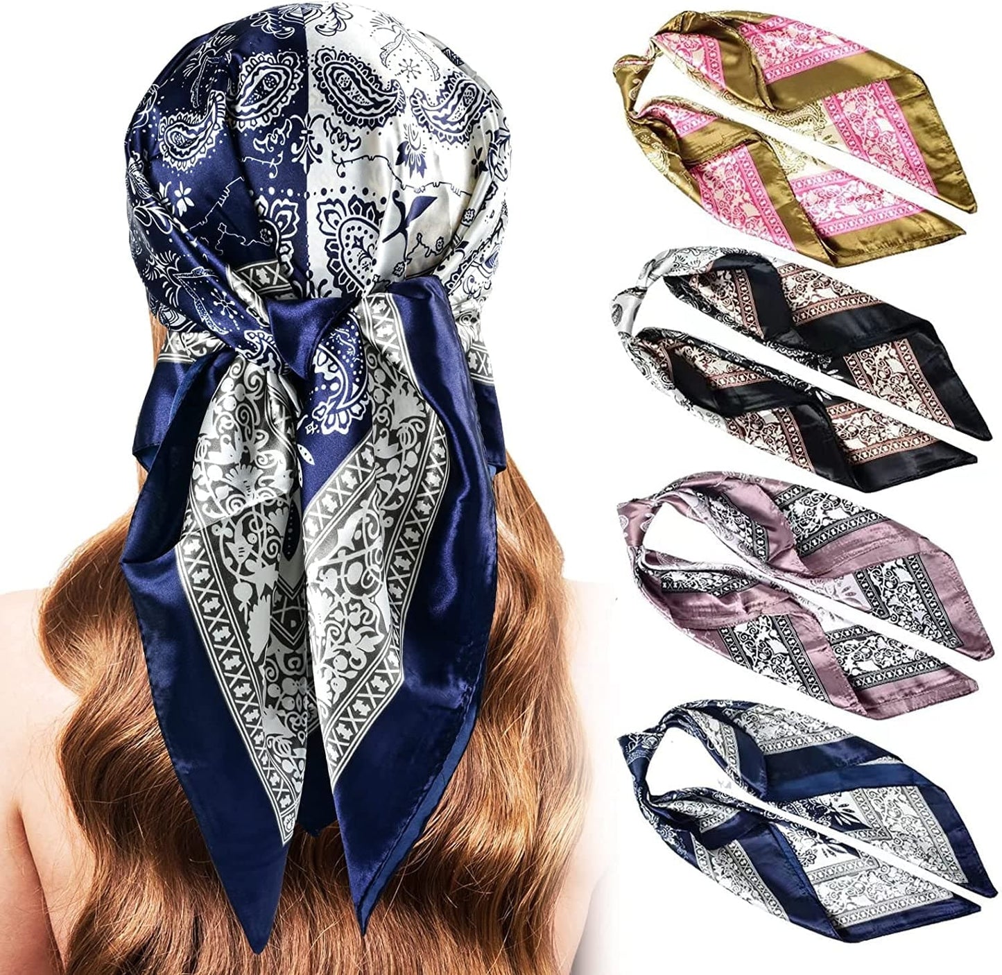 5PCS Large Satin Head Scarves - Silk Square like Neck Scarf Hair Wraps Headscarf for Sleeping Head Scarf Bundle 35 Inch Apparel & Accessories > Clothing Accessories > Bandanas & Headties Stlvoll Gold+navy Blue+black Silk+purple