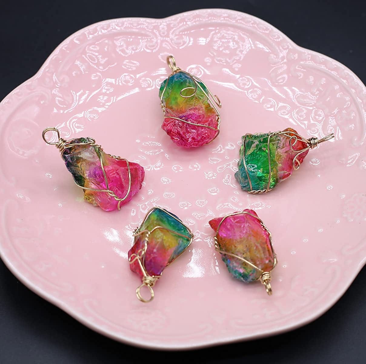 5Pcs Natural Crystal 5Pcs Stone Pendant, Chakra Crystal Healing Stone Pendants Charms for Necklace Jewelry Making