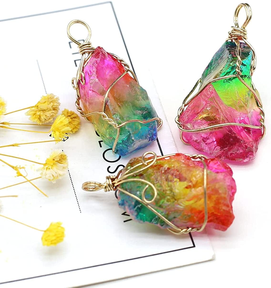 5Pcs Natural Crystal 5Pcs Stone Pendant, Chakra Crystal Healing Stone Pendants Charms for Necklace Jewelry Making