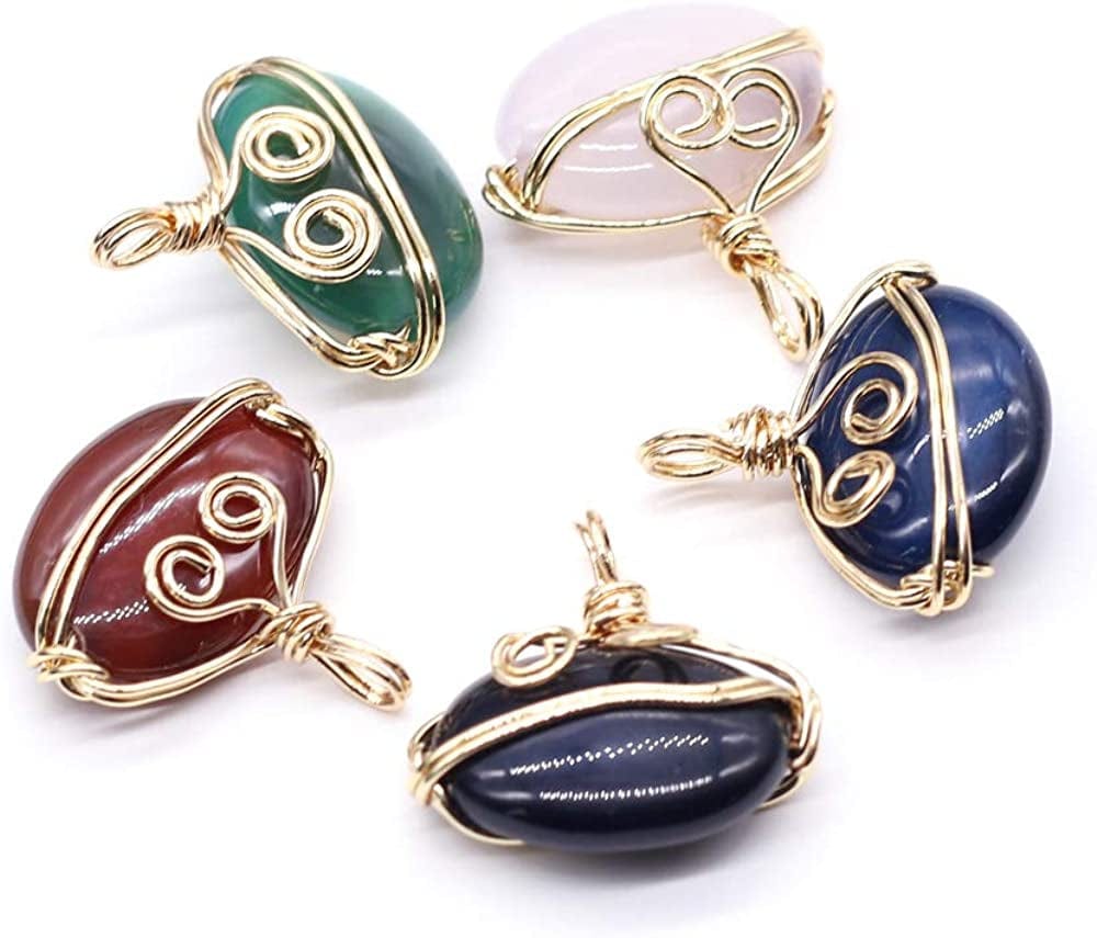 5PCS Natural Stone Healing Crystal Agate Pendant Gold Plated Wire Wrapped Agate Necklace Pendant for DIY Necklace Bracelet Jewelry Making Mixed Color