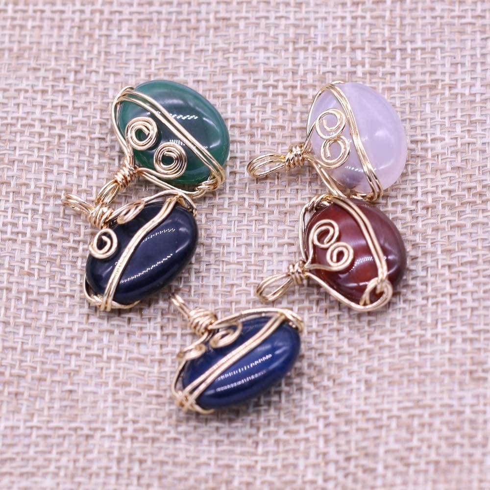 5PCS Natural Stone Healing Crystal Agate Pendant Gold Plated Wire Wrapped Agate Necklace Pendant for DIY Necklace Bracelet Jewelry Making Mixed Color