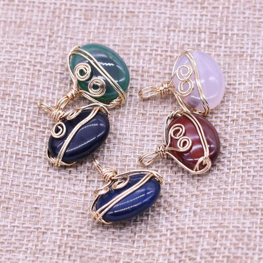 5PCS Natural Stone Healing Crystal Agate Pendant Gold Plated Wire Wrapped Agate Necklace Pendant for DIY Necklace Bracelet Jewelry Making Mixed Color