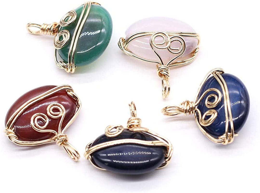 5PCS Natural Stone Healing Crystal Agate Pendant Gold Plated Wire Wrapped Agate Necklace Pendant for DIY Necklace Bracelet Jewelry Making Mixed Color