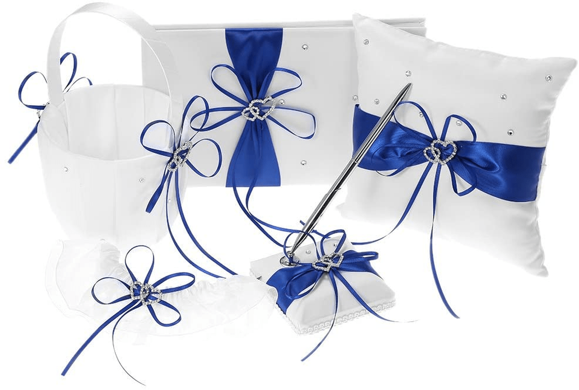 5Pcs/Set Wedding Supplies Double Heart Satin Flower Girl Basket + 7 7 Inches Ring Bearer Pillow + Guest Book + Pen Holder + Bride Garter Set (Red) Apparel & Accessories > Clothing > Underwear & Socks > Lingerie Decdeal Blue