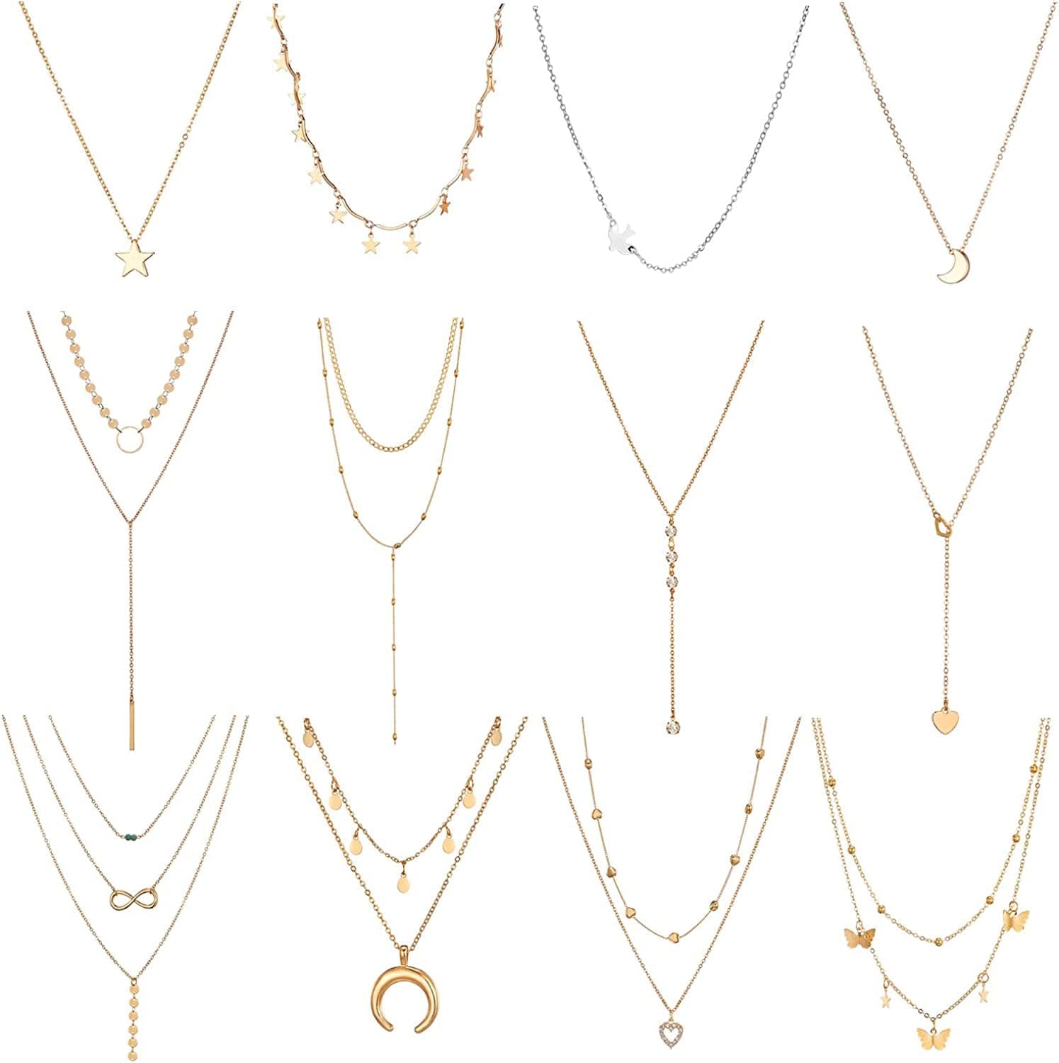 6/10/12 PCS Multiple DIY Layered Choker Necklace Pack for Teens - Gold Y Pendant Necklace for Women - Gold Silver Chokers for Teen Girls #3 12pcs