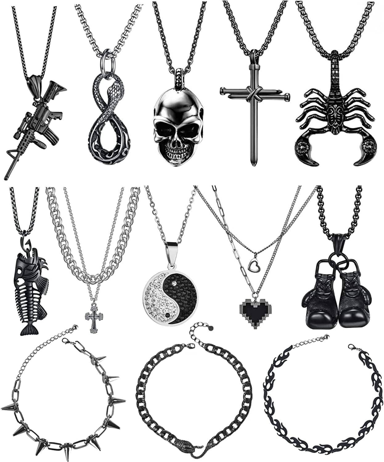 6-9 PCS Chain Necklace Egirl Men Male Emo Goth Chains Statement Lock Key 1-4 Layered Pendants Necklace for Women Teen Girls Boys Eboy Long Multilayer Chains Punk Choker Silver and Gold Set style 3