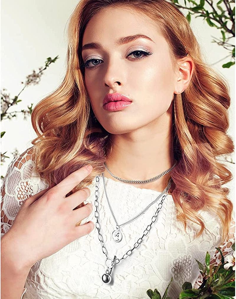 6-9 PCS Chain Necklace Egirl Men Male Emo Goth Chains Statement Lock Key 1-4 Layered Pendants Necklace for Women Teen Girls Boys Eboy Long Multilayer Chains Punk Choker Silver and Gold Set