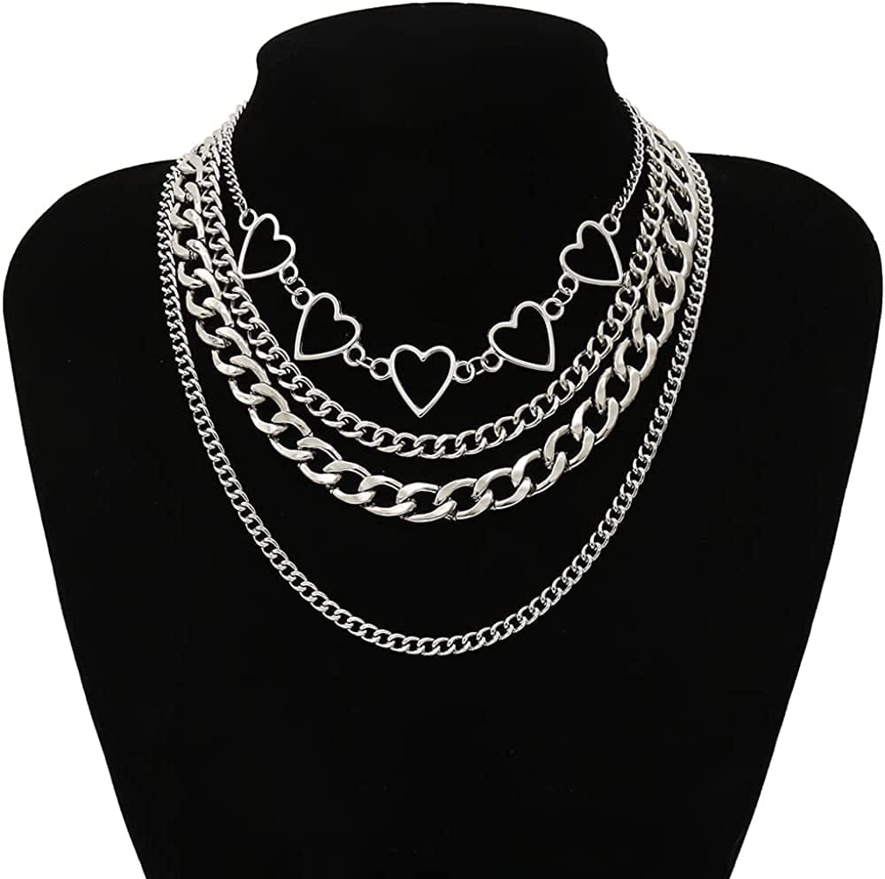 6-9 PCS Chain Necklace Egirl Men Male Emo Goth Chains Statement Lock Key 1-4 Layered Pendants Necklace for Women Teen Girls Boys Eboy Long Multilayer Chains Punk Choker Silver and Gold Set